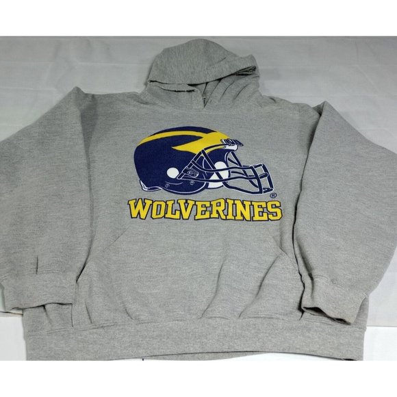 Vintage Michigan Wolverines Pullover Hooded Sweatshirt Gray Men's Large Helmet - Picture 10 of 10